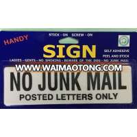 Custom 200mm plastic self adhesive traffic warning sign with NO JUNK MAIL